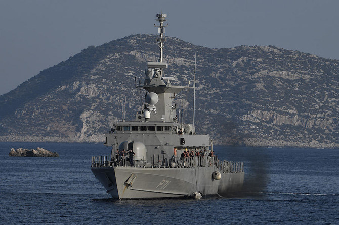 The Hellenic Navy Roussen or Super Vita class Fast Missile Patrol Boat P 71 HS Ritsos patrols off the tiny Greek island of Kastellorizo (Megisti), in the Dodecanese, the furthest south eastern Greek Island, two kilometers from the Turkish mainland on August 28, 2020. (File/AFP)