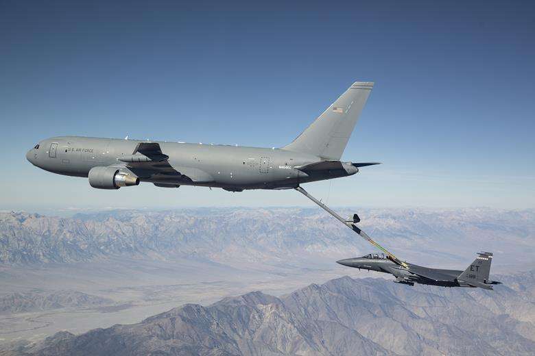 KC-46A Pegasus connects with an F-15 Strike Eagle for an aerial refueling test over California in 2018