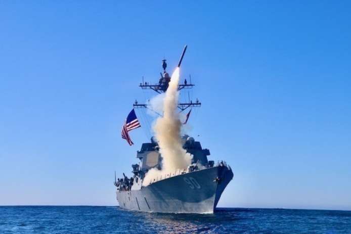 The guided-missile destroyer USS Chafee (DDG 90) launches a Tomahawk Block V cruise missile during a U.S. Navy exercise off the coast of California. Raytheon Missiles & Defense delivered the first Block V variant to the Navy on March 25, 2021. (Photo: U.S. Navy)