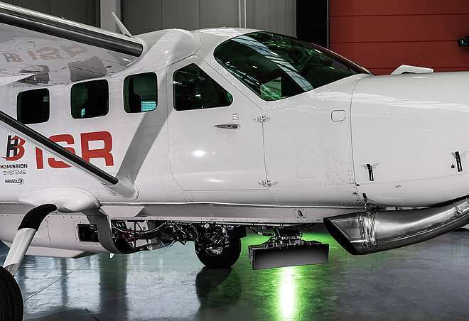 HENSOLDT’s PrecISR – to be seen here on a test aircraft - can be installed aboard helicopters, UAVs and fixed-wing mission aircraft with limited effort. Photo: HENSOLDT AG