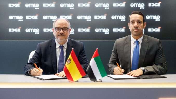EM&E Group, a leading Spanish group in defence and security innovation and technologies, and the United Arab Emirates (UAE) advanced technology and defence group, EDGE, signed today at Eurosatory the agreement to establish the joint venture in the UAE which they first announced in February. The new company, which initially had a commercial pipeline of $1.5 billion, has increased its forecasts by 15%, reaching $1.725 billion. The agreement, signed by Omar Al Zaabi, President – Commercial, EDGE Group, and Fernando Fernández, CEO of EM&E Group, has established the rules that will govern the new company, which is scheduled to start operations during the final quarter of 2026. The core purpose of this joint venture is the global promotion of advanced weapon systems developed by EM&E Group through a co-production framework: the Spanish firm will lead a key technology transfer to enable EDGE’s industrial and technological ecosystem to manufacture different parts of the stations on UAE soil, while the manufacturing of the rest of the product will remain in Spain. Additionally, the new company will manufacture a new weapon station tailored to the latest needs of the global defence sector. Omar Al Zaabi, President – Commercial, EDGE, stated: “This joint venture brings EM&E’s advanced weapon systems production into EDGE’s industrial base, giving us a stronger platform to serve customers around the world. The rise in our commercial pipeline to $1.725 billion since February confirms there is real appetite for what we will build together, and we look forward to the joint venture beginning operations in due course.” Fernando Fernández, CEO of EM&E Group: “With the signing of this agreement, the joint venture with EDGE becomes a tangible reality that boosts our internationalisation and highlights the technological innovation we lead from Spain. Combining the cutting-edge nature of our weapon systems with EDGE’s industrial and technological muscle not only dynamises our global export capabilities but also establishes a solid foundation to jointly lead the creation of new avant-garde security and defence solutions.”