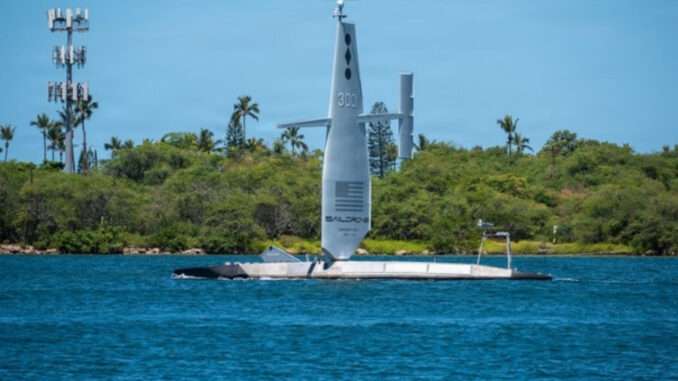 Saildrone Surveyor-class unmanned surface vessel equipped with JAGM Dual Launcher during live-fire demonstration