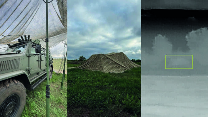 Thermal Signature Equipment Shelter field testing: interior view, exterior view, and thermal imaging observation.