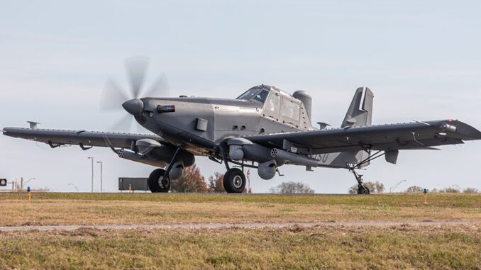 L3Harris SKY RAIDER II INTERNATIONAL aircraft showcased at the company's facility at Tulsa International Airport, Oklahoma
